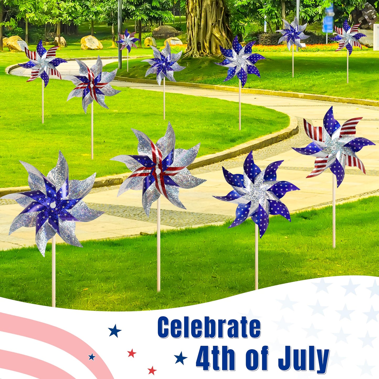 HOOSUN 10 Pcs American Flag Patriotic Pinwheels Fourth of July Decor Outdoor, Garden Wind Spinners Patriotic Decor Independence
