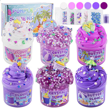 6 Packs Gradient Purple Slime Kit - Cloud Slime, Butter Slime & Clear Slime, Crunchy Slime For Kids With Various Slime Add-Ins, Non Stick Slime Party Favors For Girls And Boys, 360Ml Kids Slime(Beach)