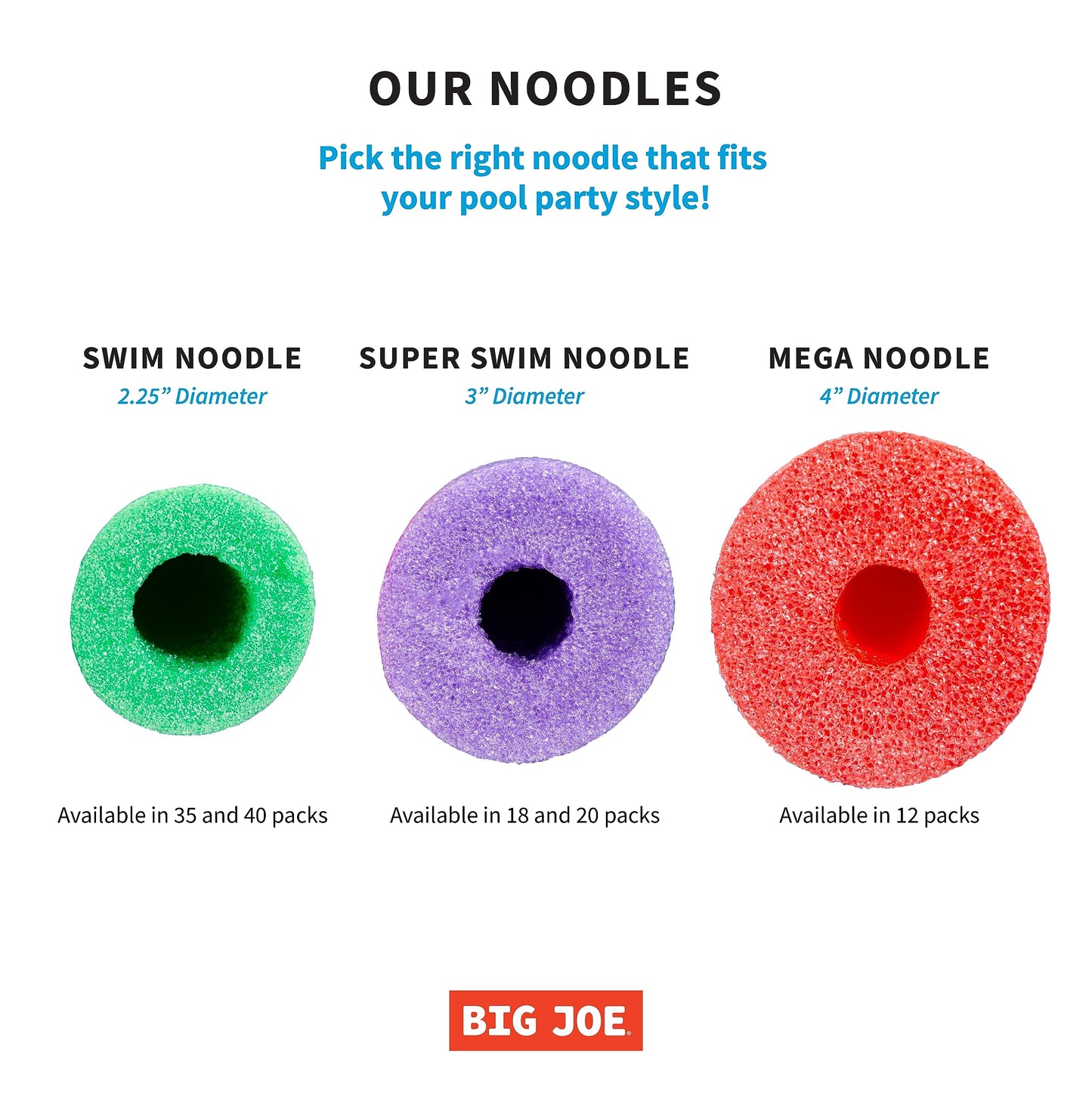 Big Joe Swim Noodle 35 Pack Pool Noodles, Red, Blue, Green, Purple, Yellow Foam, 4.5 Feet, 55'L X 2'W X 2'H Each
