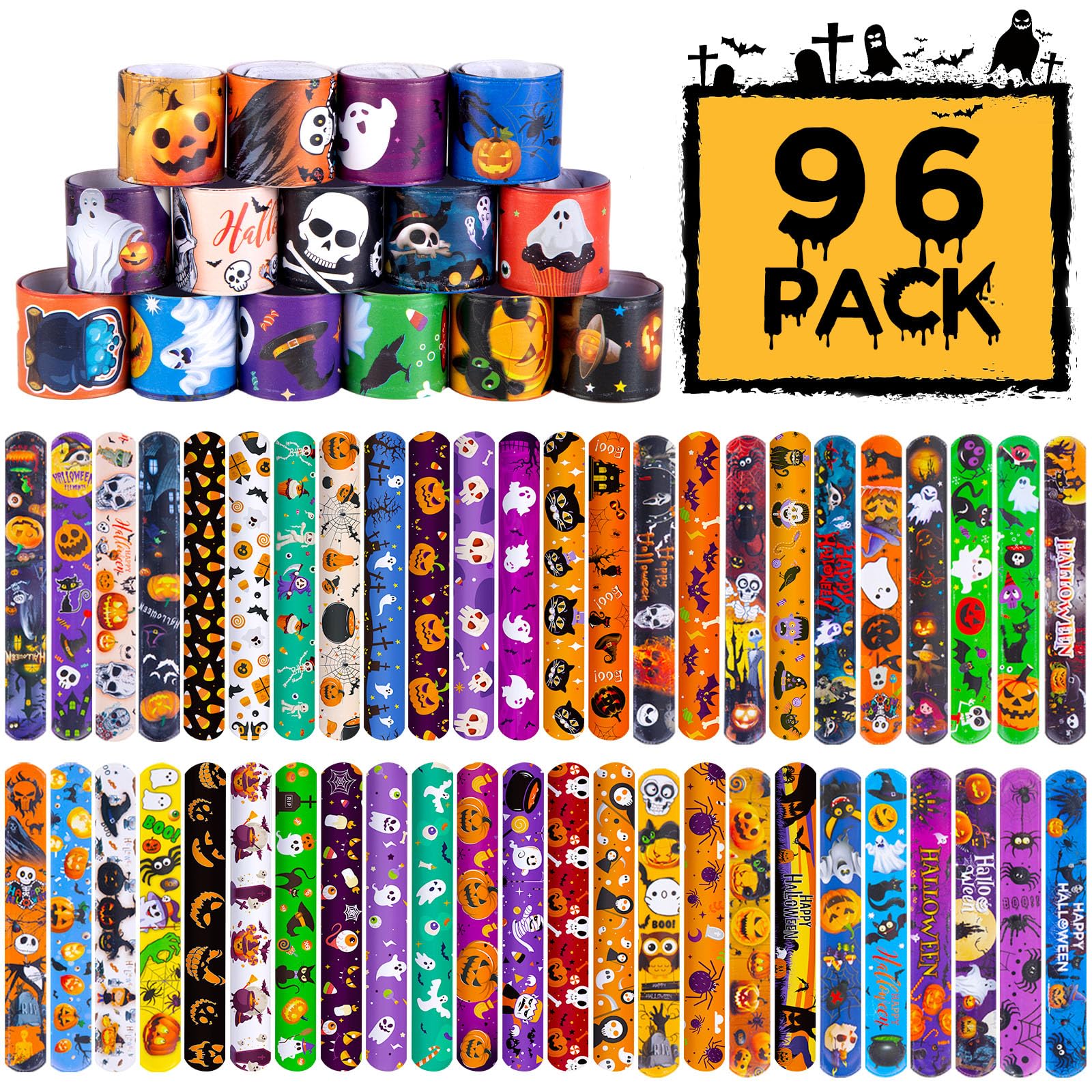 Shindel 96Pcs Halloween Slap Bracelets Bulk, Halloween Party Favors For Kids Friendship Bracelets For Classroom Game Prizes Good