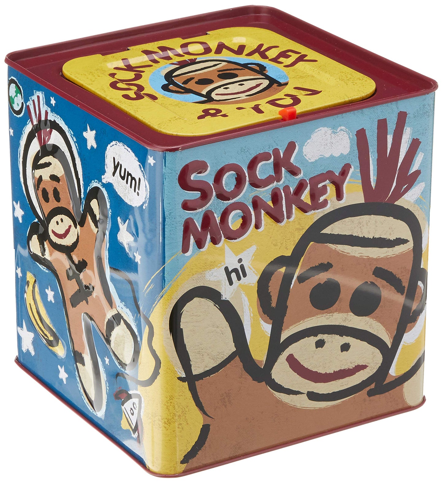 Sock Money Jack in the Box - Timeless Childrens Musical Toy - Colorful Embossed Tin Box and Classic Sock Monkey Design - Age 18
