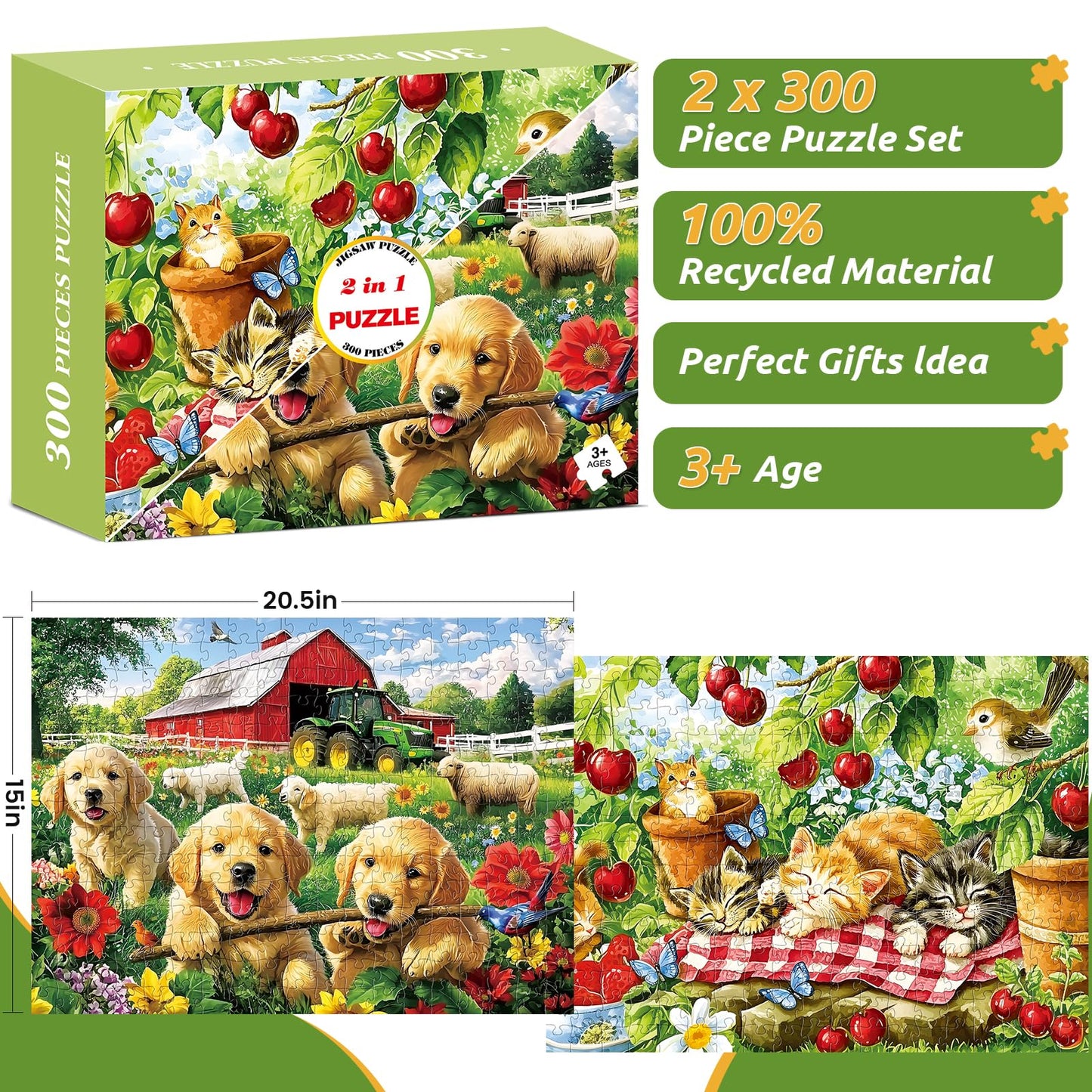 2 Pack 300 Piece Puzzle for Adults, Kittens Puppies Jigsaw Puzzle for Adults Teens,Large Piece Puzzle for Kids Ages 8-10 10-12,G