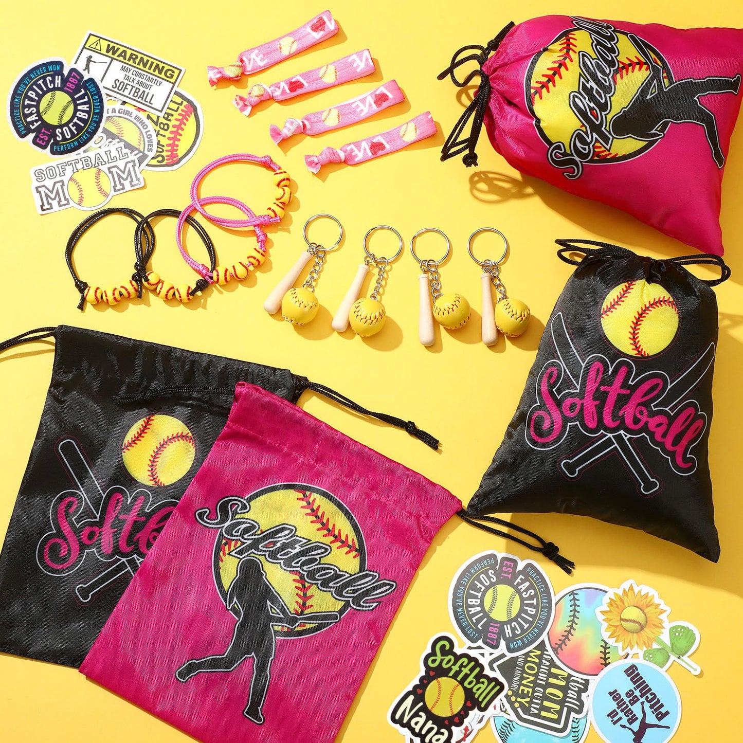 Jenaai 148 Pcs Softball Party Favors Include Drawstring Bags Charm Bracelets Keychain Hair Ties and Stickers, Softball Theme Gif
