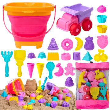 Sloosh Beach Sand Toys Set - Pink Dump Truck Car Toys with Sand Molds Toddlers Outdoor Play, Collapsible Buckets Mesh Bag Sand S