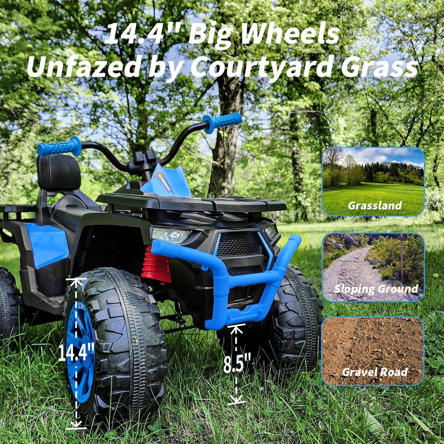 Hikiddo 12V Kids 4 Wheeler Atv, 2-Seater Electric Atv Four Wheeler For Big Kids With Bluetooth, 14.4'' Big Wheels - Blue