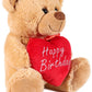 Brubaker Teddy Bear With Red Heart - Happy Birthday - 9.5 Inches - Cuddly Plush Toy - Light Brown