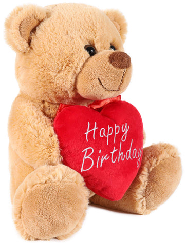 Brubaker Teddy Bear With Red Heart - Happy Birthday - 9.5 Inches - Cuddly Plush Toy - Light Brown