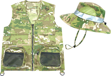 Eagle Eye Explorer Kids Cargo Vest Set Camouflage Vest And Hat Youth S/M Fits Kids Size 4-7 (Camouflage (Hat And Vest), Small/Me