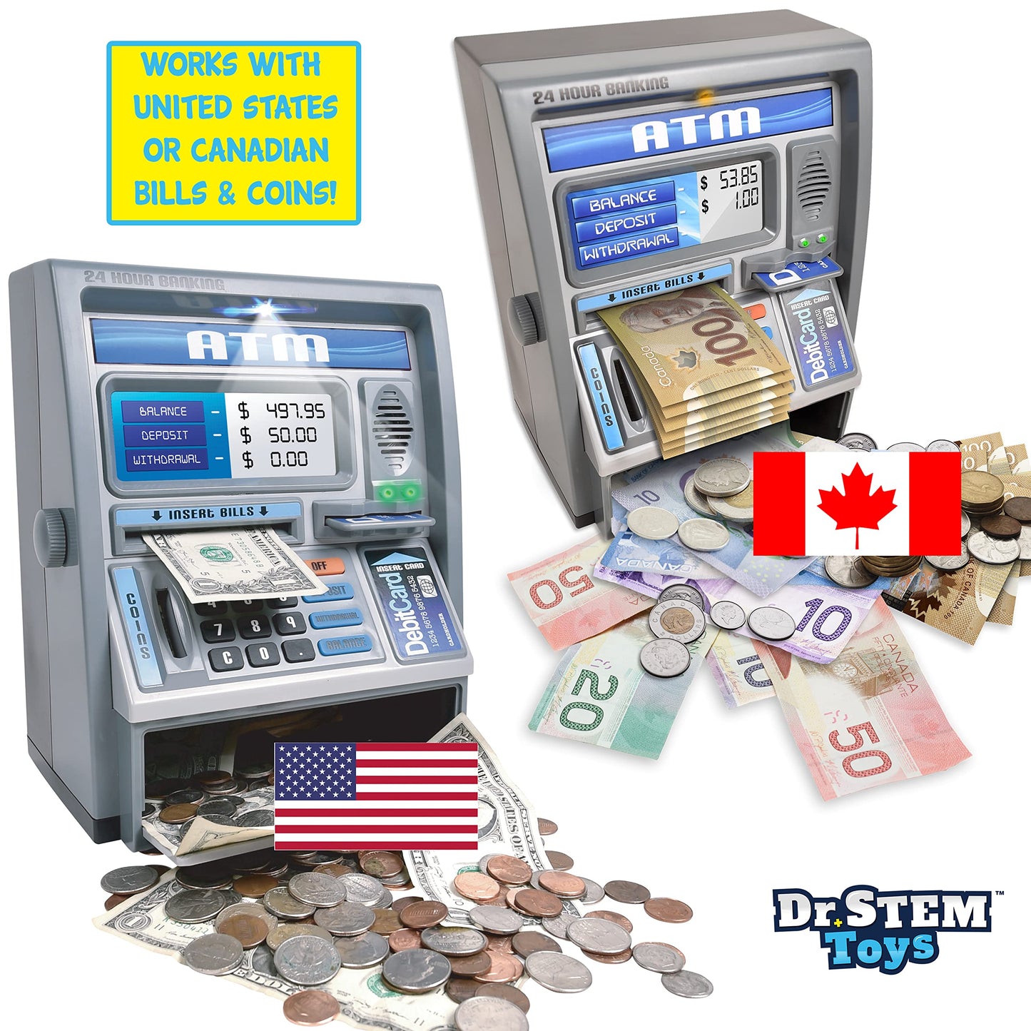 Dr. STEM Toys Kids Talking ATM Machine Savings Piggy Bank with Digital Screen, Electronic Calculator That Counts Real Money, and