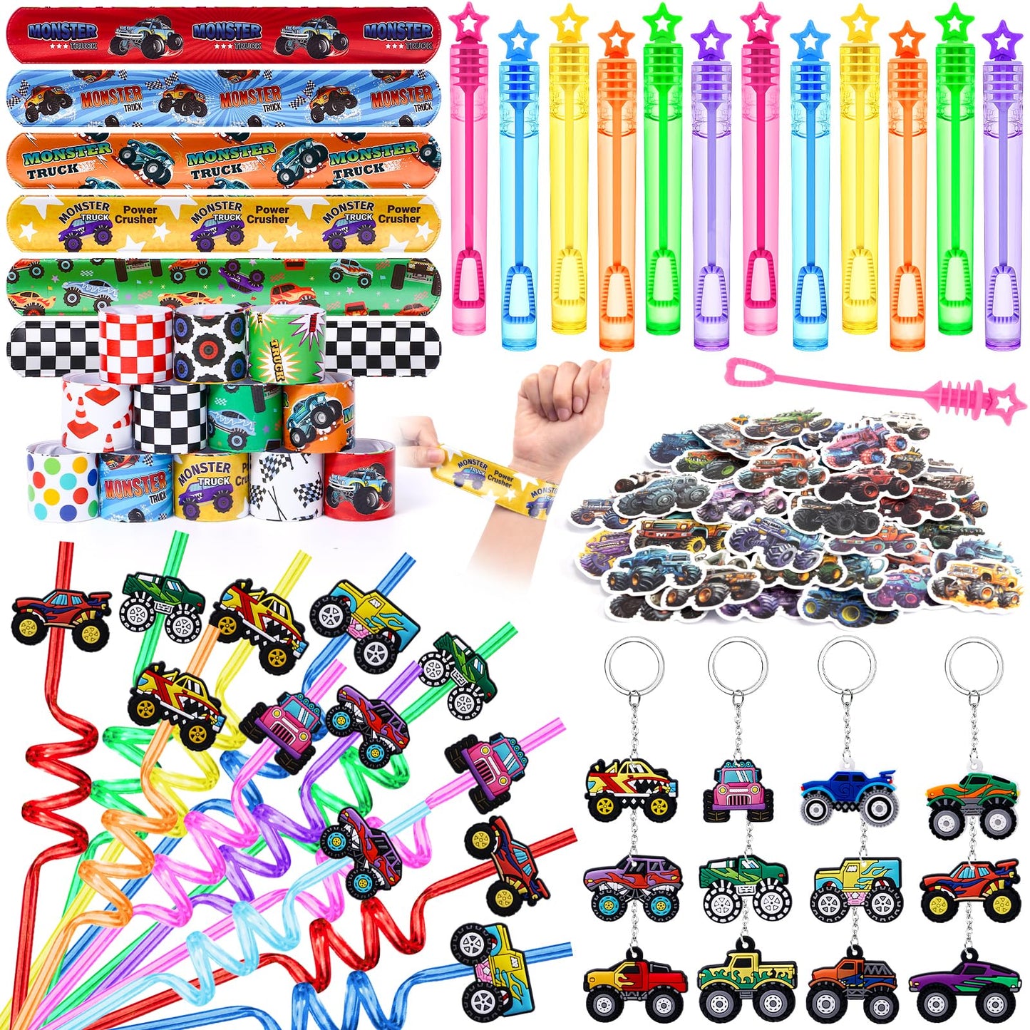 SNLN 98Pcs Monster Truck Party Favors Birthday Supplies for Boys Kids, Bubble Wands Drinking Straws Slap Bracelets Keychains Sti