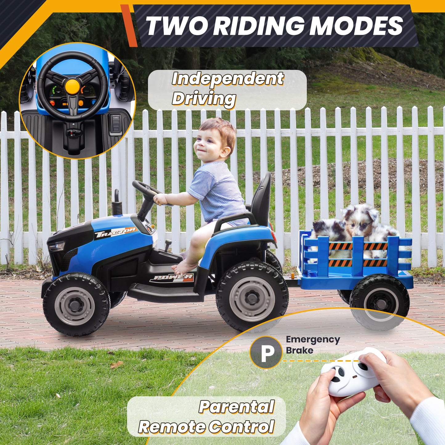 JOYRACER 24V Ride On Tractor for Kids  Electric Ride on Toys w/400W Motors  Tiltable & Detachable Trailer  Adjustable Seat  Bluetooth  Music  Remote Control Electric Tractor for Kids  Blue