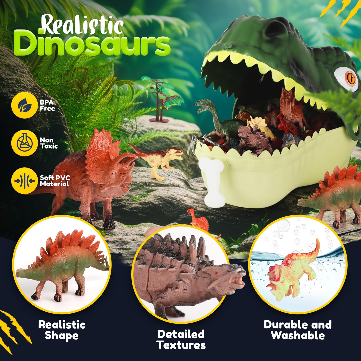 FINcredible Dinosaur Toys for Kids 3-5 - Realistic Dinosaur Figures Including 2 Pullback Dinosaur Cars - Dinosaur Toys for Toddlers & Kids - Toy Dinosaur Playset Gift for 3  4  5  6  7 Boys & Girls