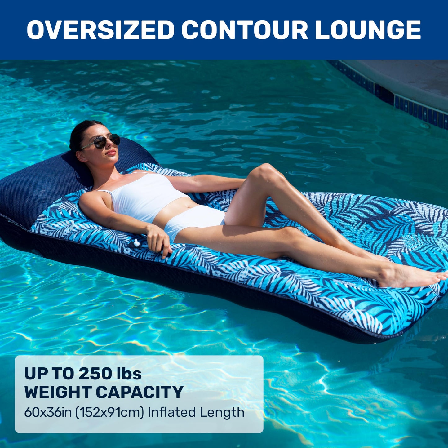 Aqua Oversized Contour Pool Float Lounge – Extra Large – Fabric-Covered, Inflatable Pool Floats For Adults – Blue Ferns