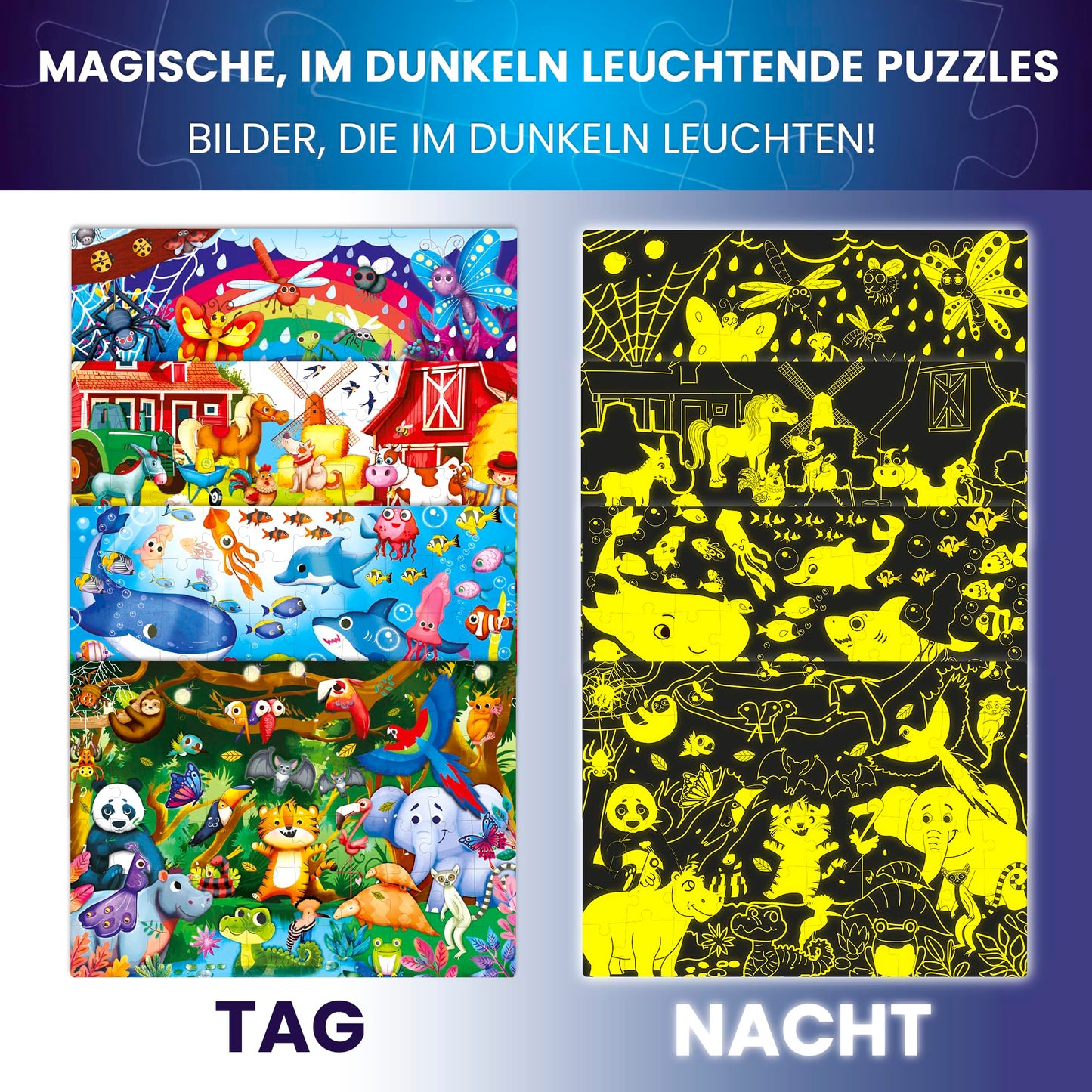 Quokka 4X60 Piece Puzzles For Kids Ages 4-6 – Glow-In-The-Dark Puzzles For Kids 4-8 I Farm Bugs Tropical & Ocean Animals I Fun Educational Toddler Puzzles For Boys & Girls – Educational Game Toys Gift