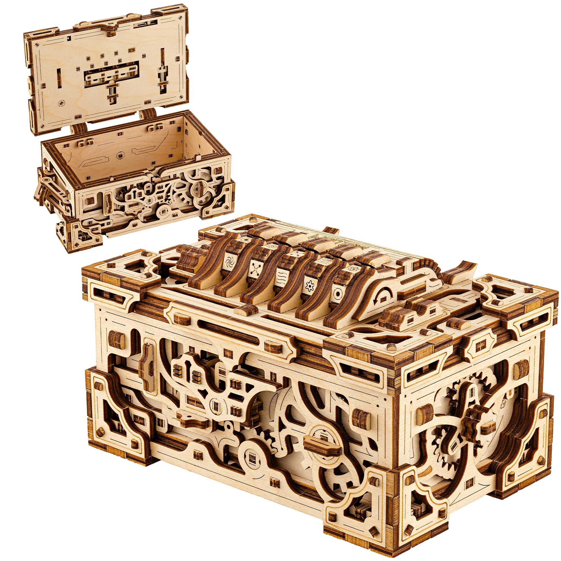Wood Trick Enigma Chest Lock Puzzle Box Wooden 3D Puzzles For Adults And Kids To Build - Engineering Diy Project Mechanical Model Kits For Adults Wooden Models