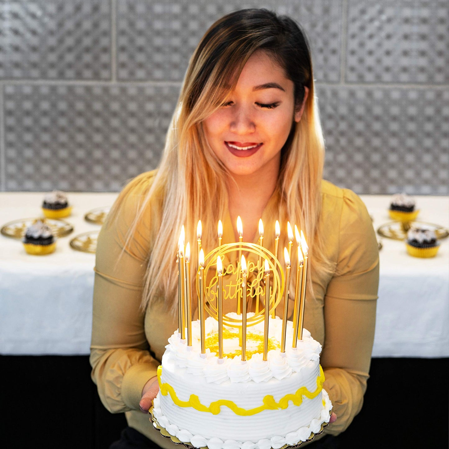 24 Count Tall Thin Metallic Gold Slow Burning Birthday Candles in Holders, and Matching Classy Cake Topper for Special Custom Bi