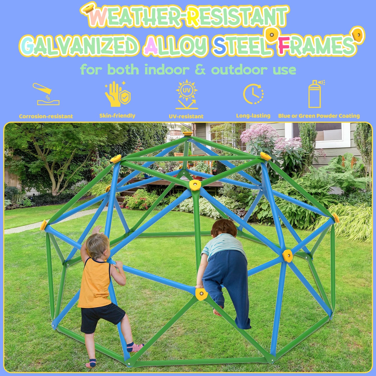 Gardenature 6FT Climbing Dome for Kids, Blue & Green, Galvanized Steel, ASTM Approved, Indoor/Outdoor Jungle Gym, Supports 440 Lbs