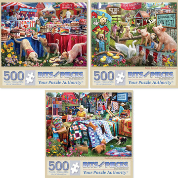 Bits And Pieces - Value Set Of Three (3) 500 Piece Jigsaw Puzzles For Adults - Each Puzzle Measures 18' X 24' - 500 Pc Desserts, Farm Animal, Quilting Festival Jigsaws By Artist Larry Jones