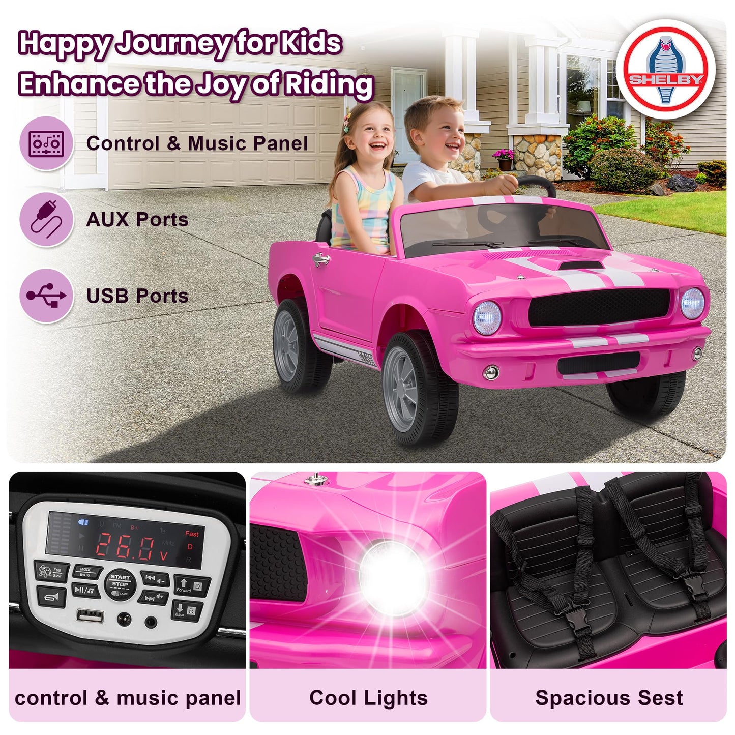 Wanan 24V Licensed Shelby Electric Car for Kids, Ride On Toy with Remote Control, Bluetooth Music, Adjustable 3 Speed, Multiple