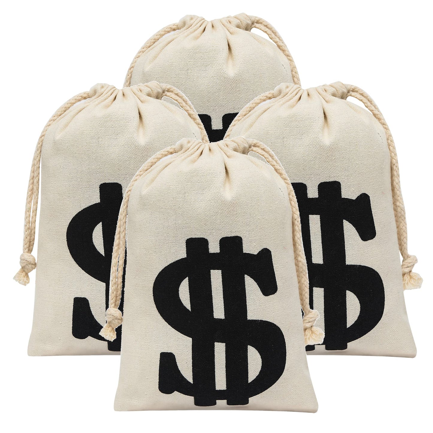 Eoocan 4 Pack Canvas Natural Money Bag Pouch With Drawstring Closure For Party Favor, 6.3 X 9 Inches Money Bags Dollar Sign For