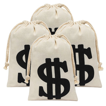 Eoocan 4 Pack Canvas Natural Money Bag Pouch With Drawstring Closure For Party Favor, 6.3 X 9 Inches Money Bags Dollar Sign For