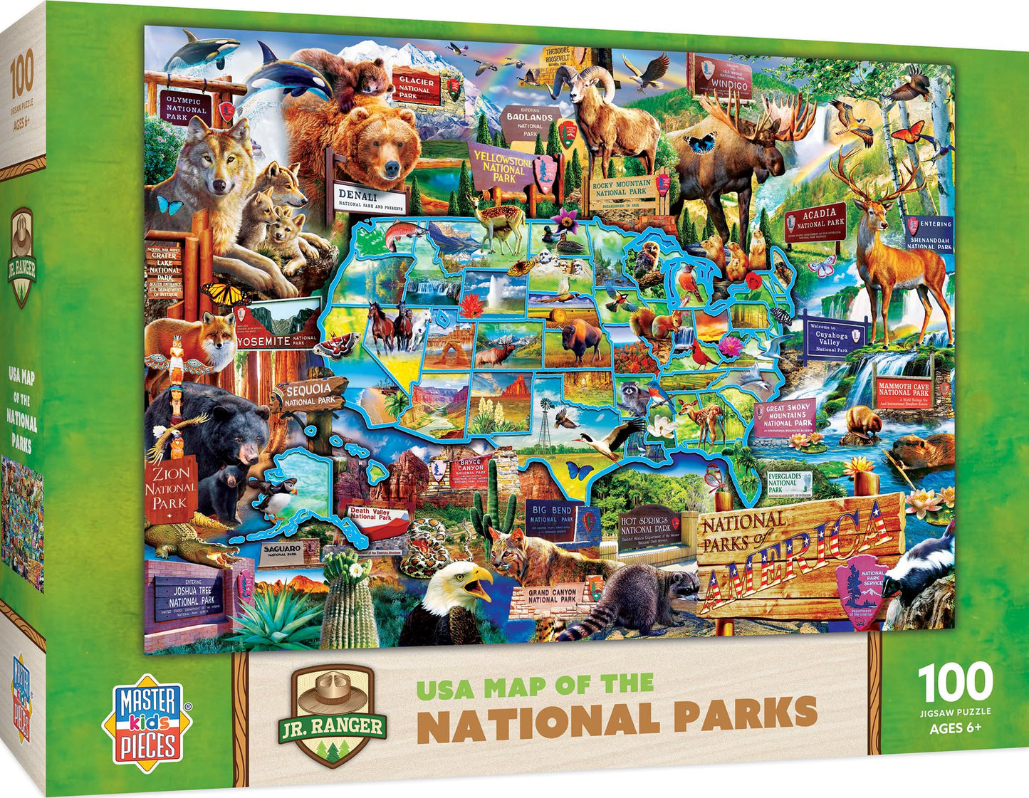 MasterPieces 100 Piece Jigsaw Puzzle - National Parks Map, 14"x19", Cardboard, Model 11942, Team Color