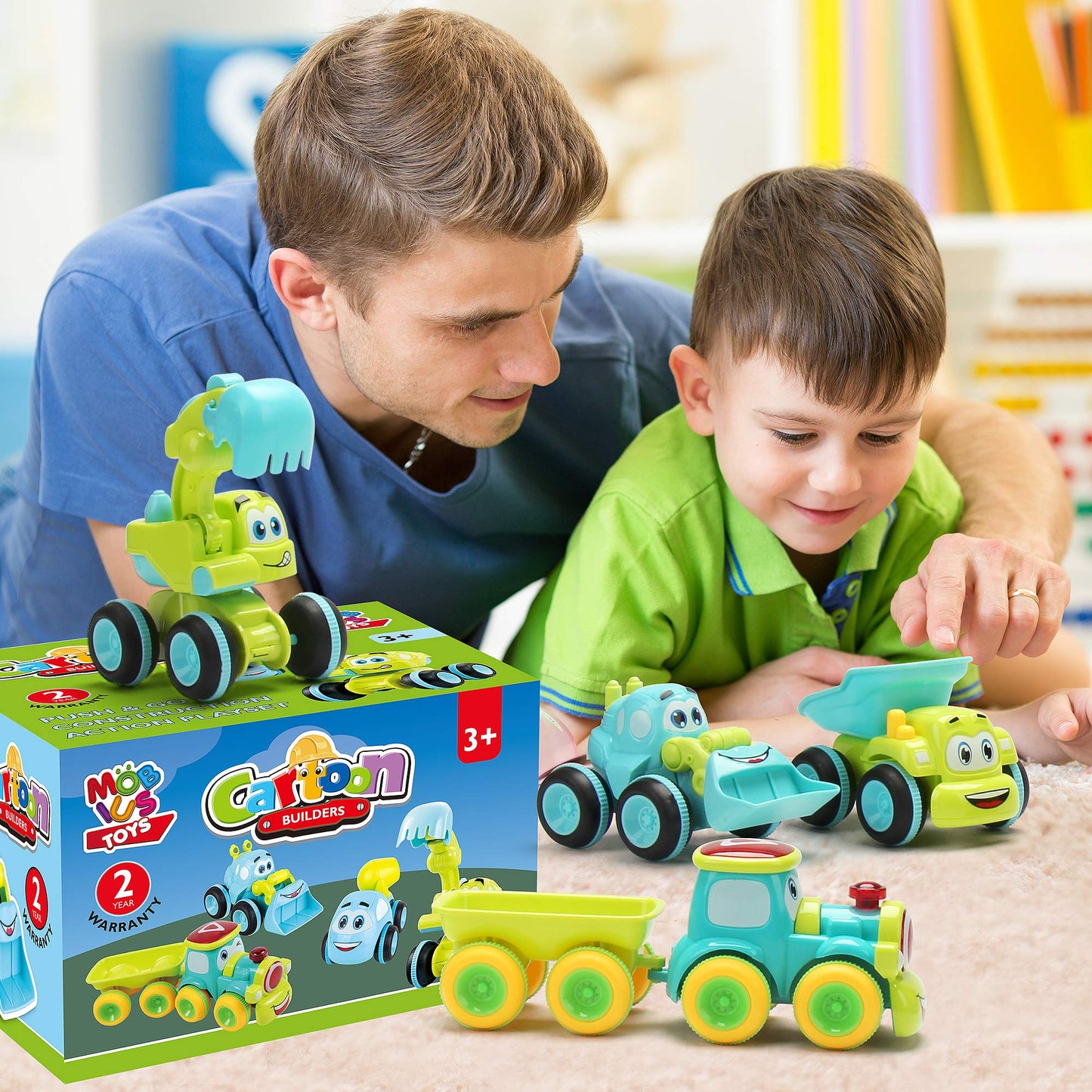 Toys for a 2 Year Old Boy - 4 Friction Powered Trucks for 3+ Year Old Boys, Push & Go Cars Cartoon Construction Vehicle Set - Be