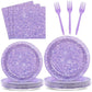 96PCS Purple Glitter Paper Plates and Napkins K-pop Purple Tableware Party Paper Plates Glitter Birthday Disposable Dinnerware P