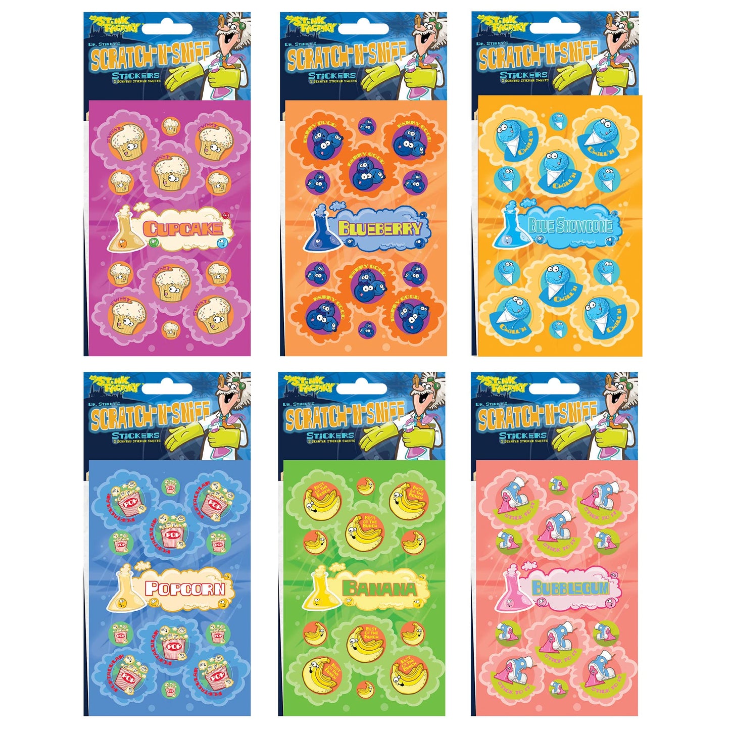 Just For Laughs Dr. Stinkys Scratch N Sniff Stickers 6-Pack- Blueberry, Popcorn, Cupcake, Blue Snowcone, Banana, Bubblegum 162 