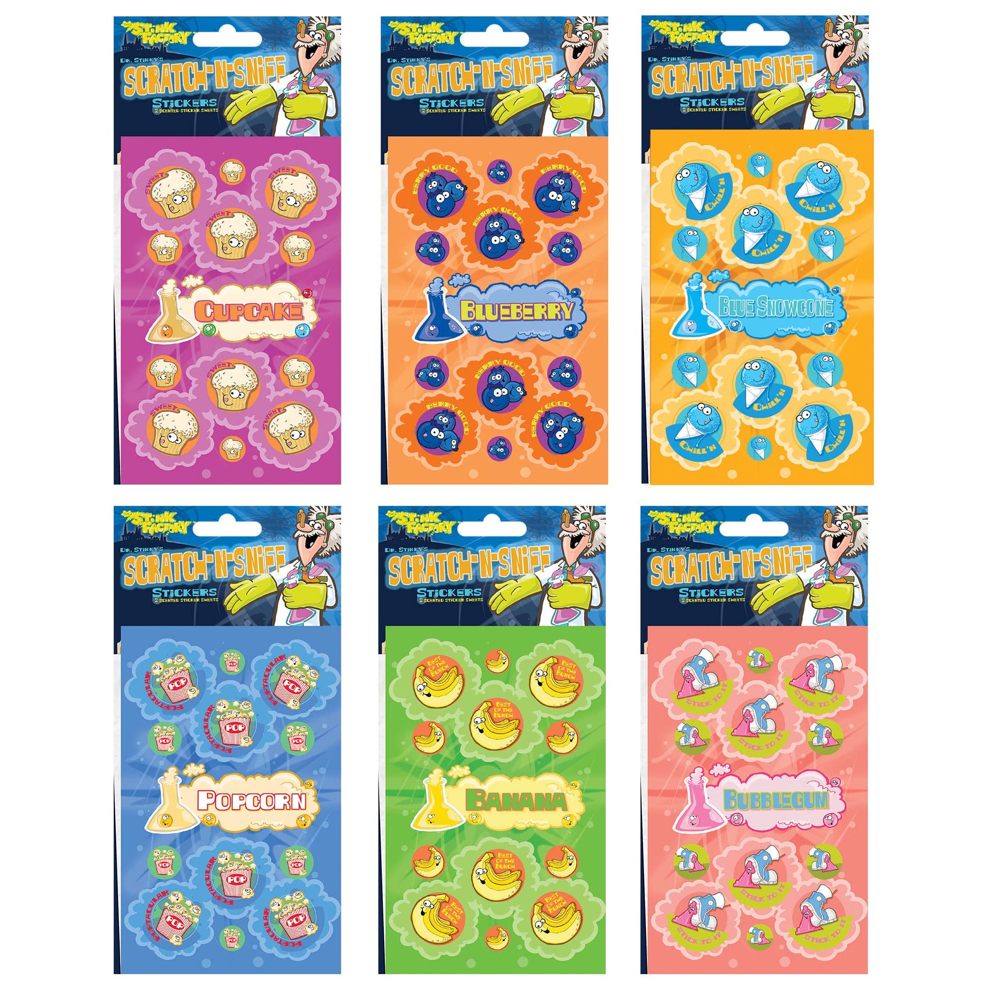 Just For Laughs Dr. Stinkys Scratch N Sniff Stickers 6-Pack- Blueberry, Popcorn, Cupcake, Blue Snowcone, Banana, Bubblegum 162 