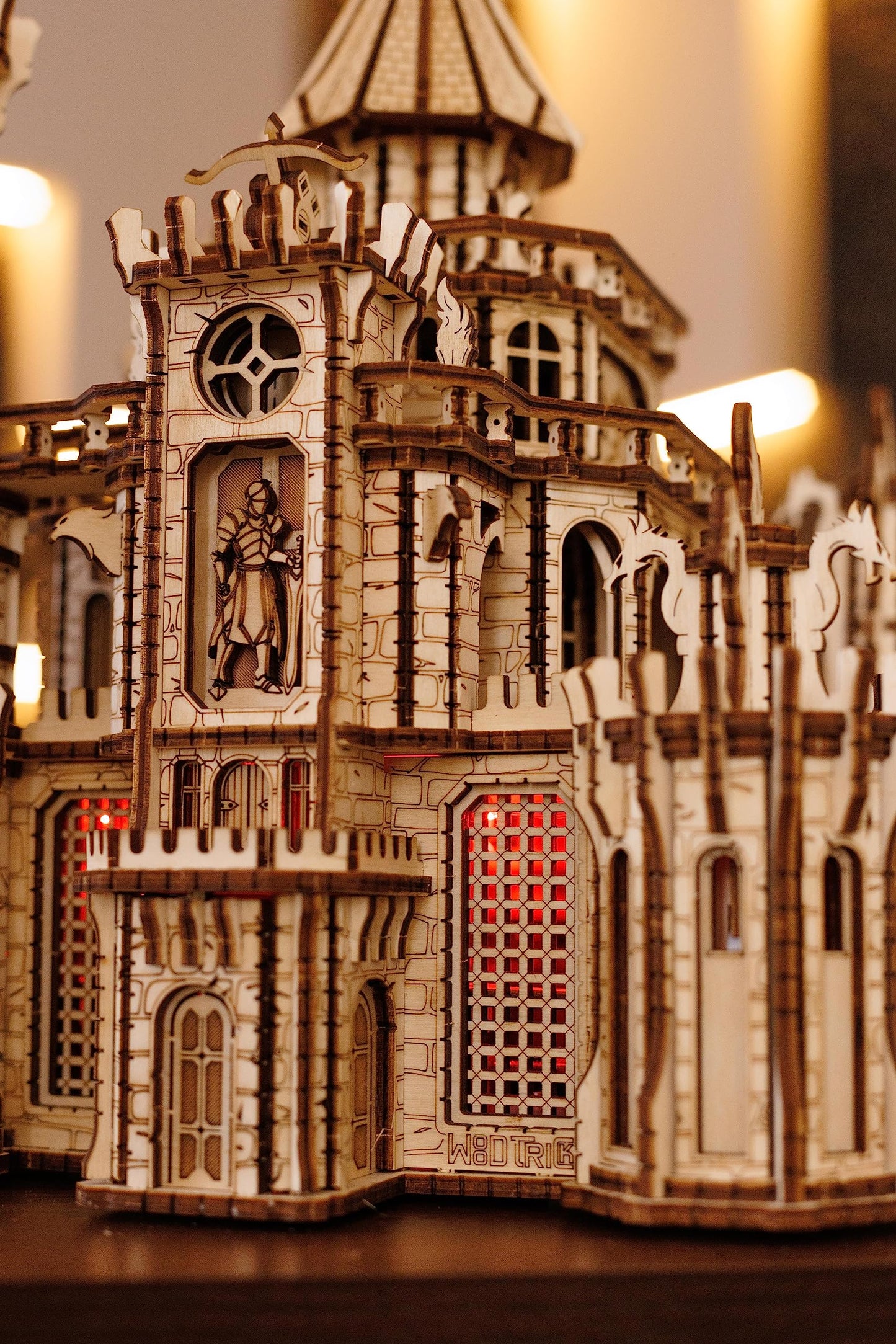 Wood Trick Dragon Castle Movable Wooden 3D Puzzles For Adults And Kids To Build - Red Led - Greensleeves Melody - Towers Rotating - Engineering Diy Project Mechanical Model Kits For Adults