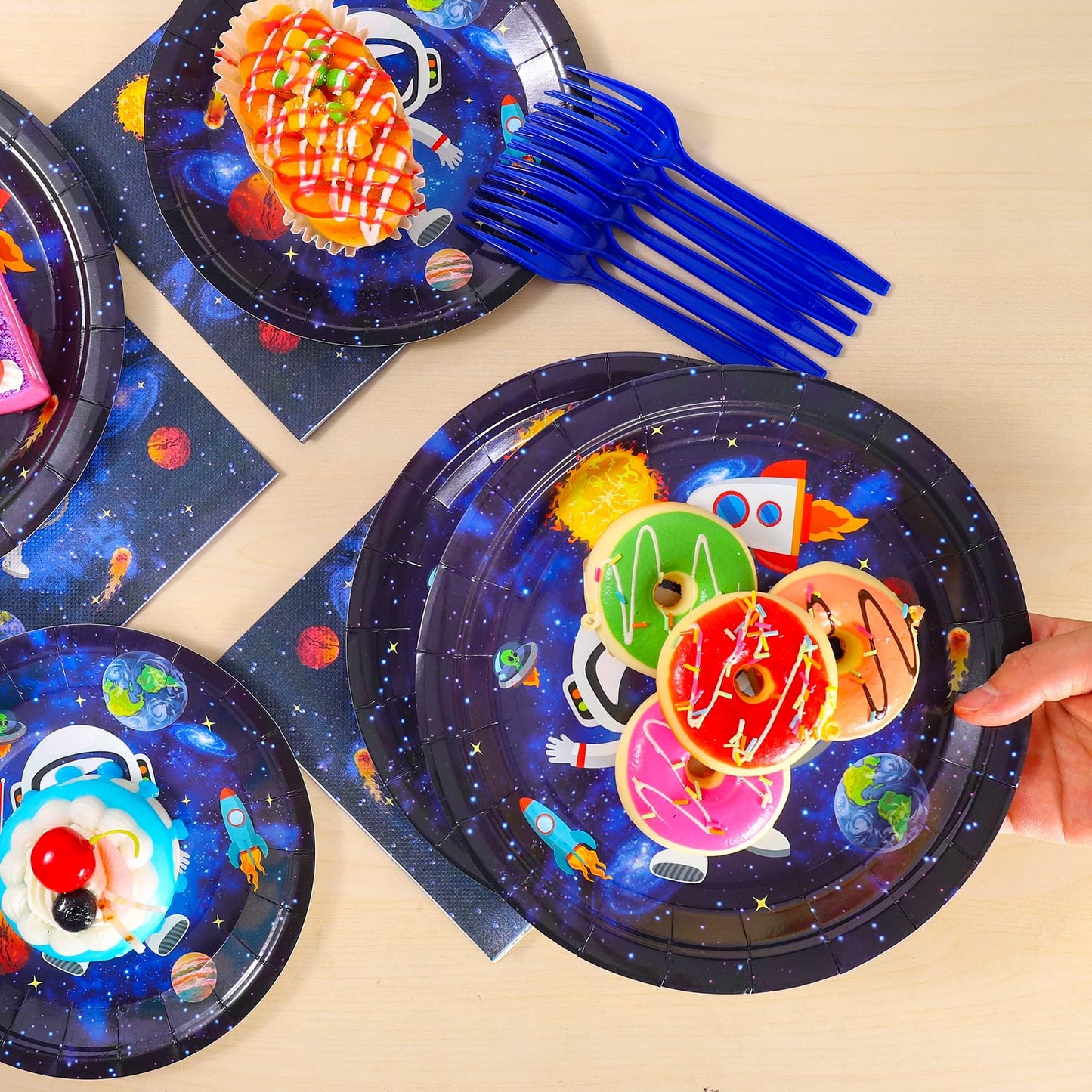 Scione 96 Pcs Outer Space Party Decorations Galaxy Party Tableware Set, Solar System Paper Party Plates Napkins Forks For 24 Guests, Kids Party Favors Space Themed Birthday Party Supplies