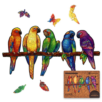Unidragon Original Wooden Jigsaw Puzzles - Playful Parrots, 291 Pcs, King Size 19.3'X10.6', Beautiful Gift Package, Unique Shape Best Gift For Adults And Kids