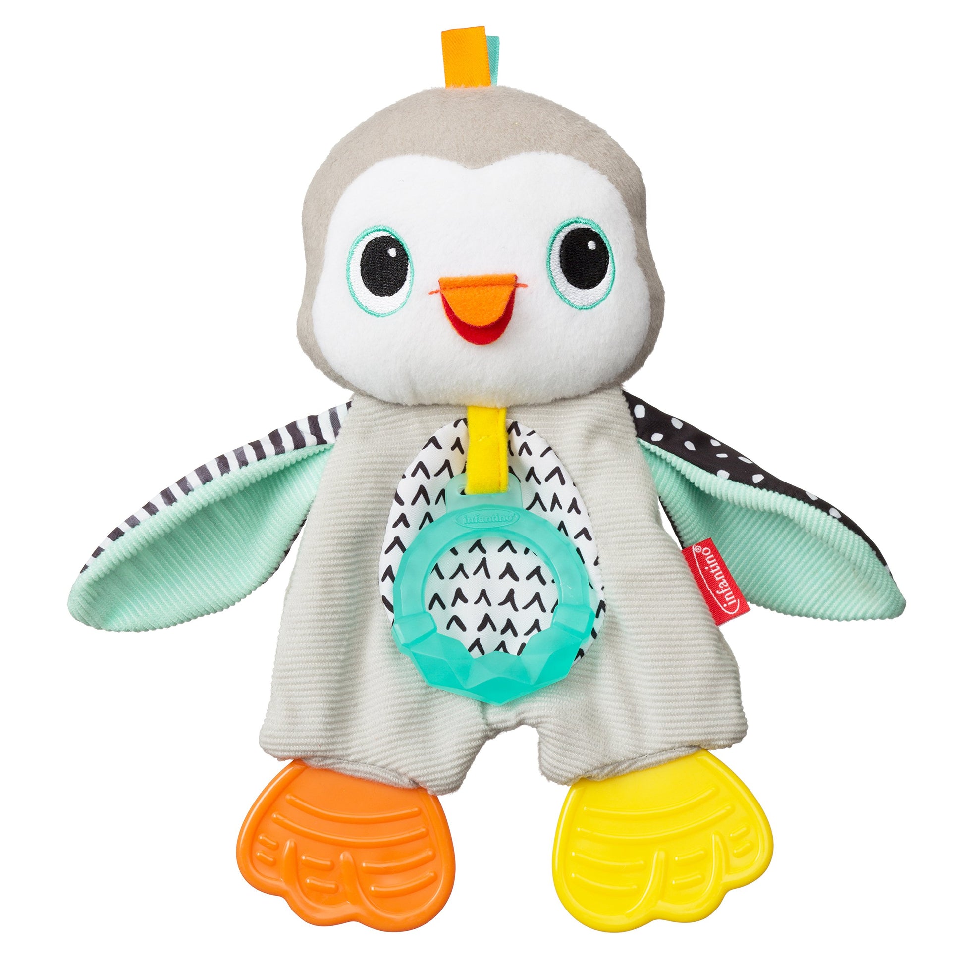 Infantino Cuddly Teether, Penguin Character, 3 Textured Teething Places To Soothe Sore Gums, Bpa-Free Silicone, Soft Fabric Textures To Explore, Crinkle Sounds To Discover, For Babies 0M+