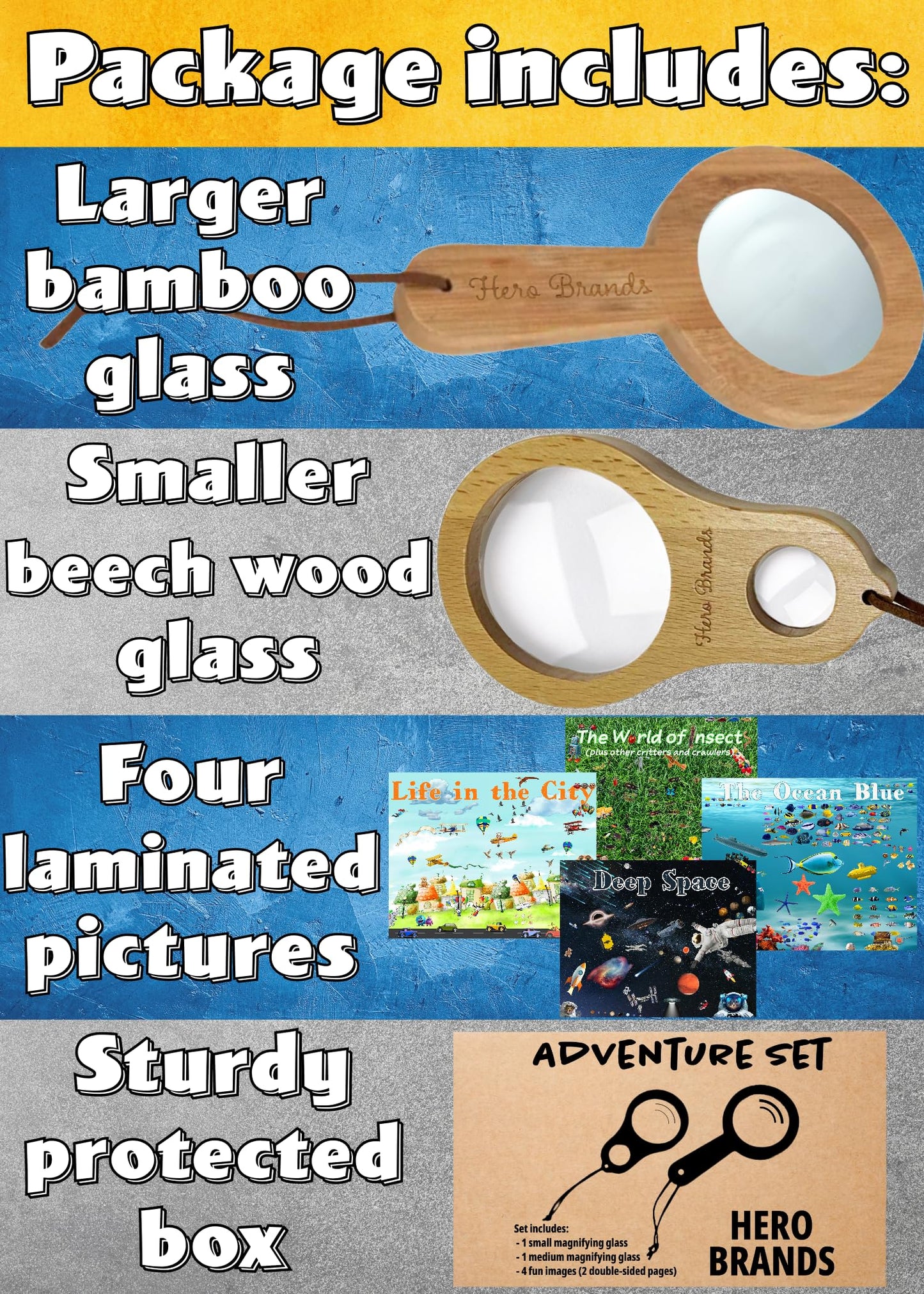 Adventure Set - 2X Wood Magnifying Glass For Kids With 4 Pictures - Wooden Montessori Toy - Learn And Explore
