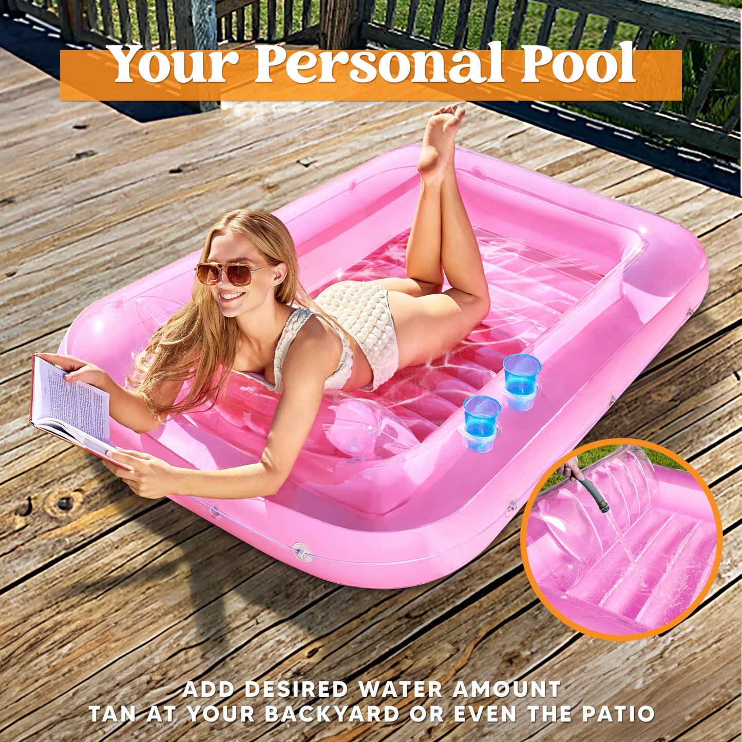Sloosh Inflatable Tanning Pool Lounger, 70" x 46", Pink, PVC, Model 40851, 4-in-1 Sunbathing Float for Adults and Kids