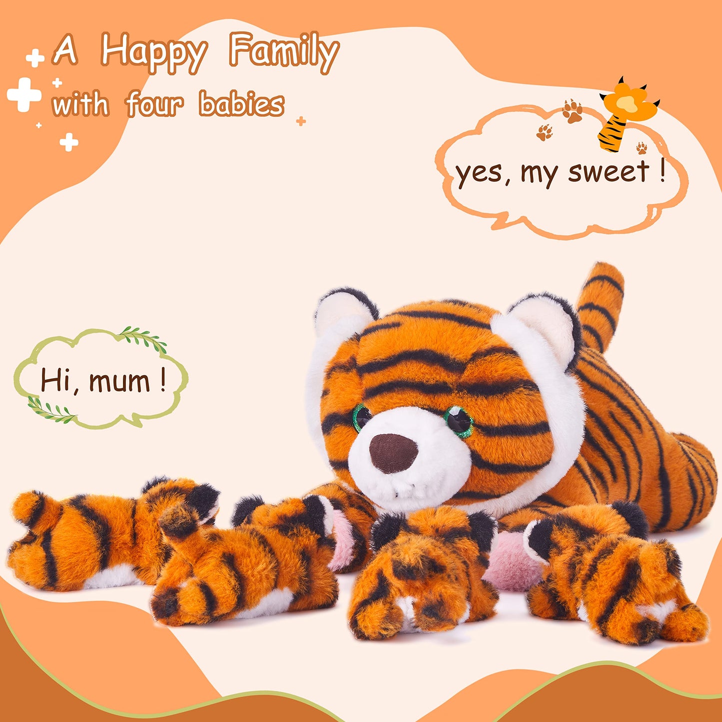 Earthsound Tiger Mom And Baby Stuffed Animal Mommy Plush Toy,16   Cute Small Mama Soft Toy With Mini Little Babies,Family Set Gi