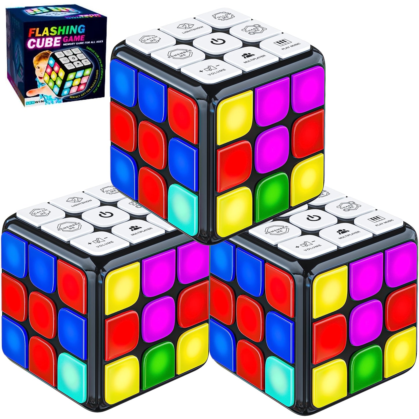 Skywin Puzzle Stem Memory Cube Game - 3 Pack Entertaining, Fun & Unique Flashing Memory Cube, Electronic Memory & Speed Game Development For Kids & Adults, Brain Hands And Eyes Coordination Game Cubes