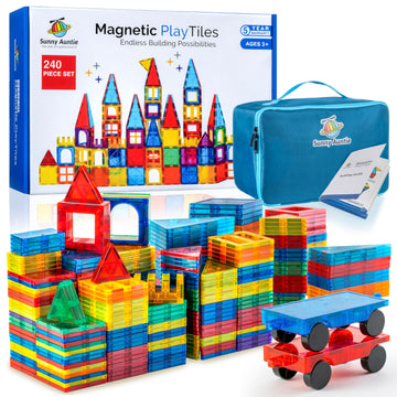 Sunny Auntie Magnetic Tiles 240 Pcs+ Bonus Zippered Case, Magnetic Tiles For Kids Toy For 3 4 5 6 7 8 Year Old Boys & Girls, Great Gift For Kids Aged 3-8, Xl Set