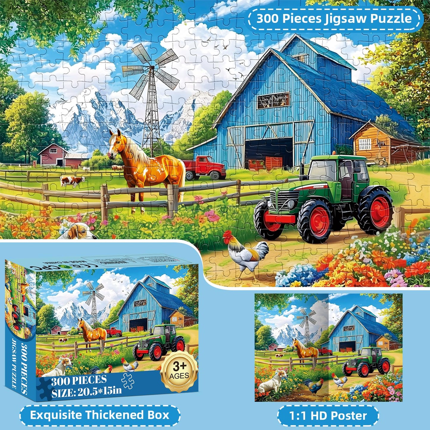 300 Pieces Puzzles for mature-themeds Farm Animals Puzzles for mature-themeds Large Piece Puzzle for Seniors Fun Horse Jigsaw Puzzles Puzzle for Kids Ages 8-10 Challenging Family Game Holiday Party Gift 20.5 x 15 in