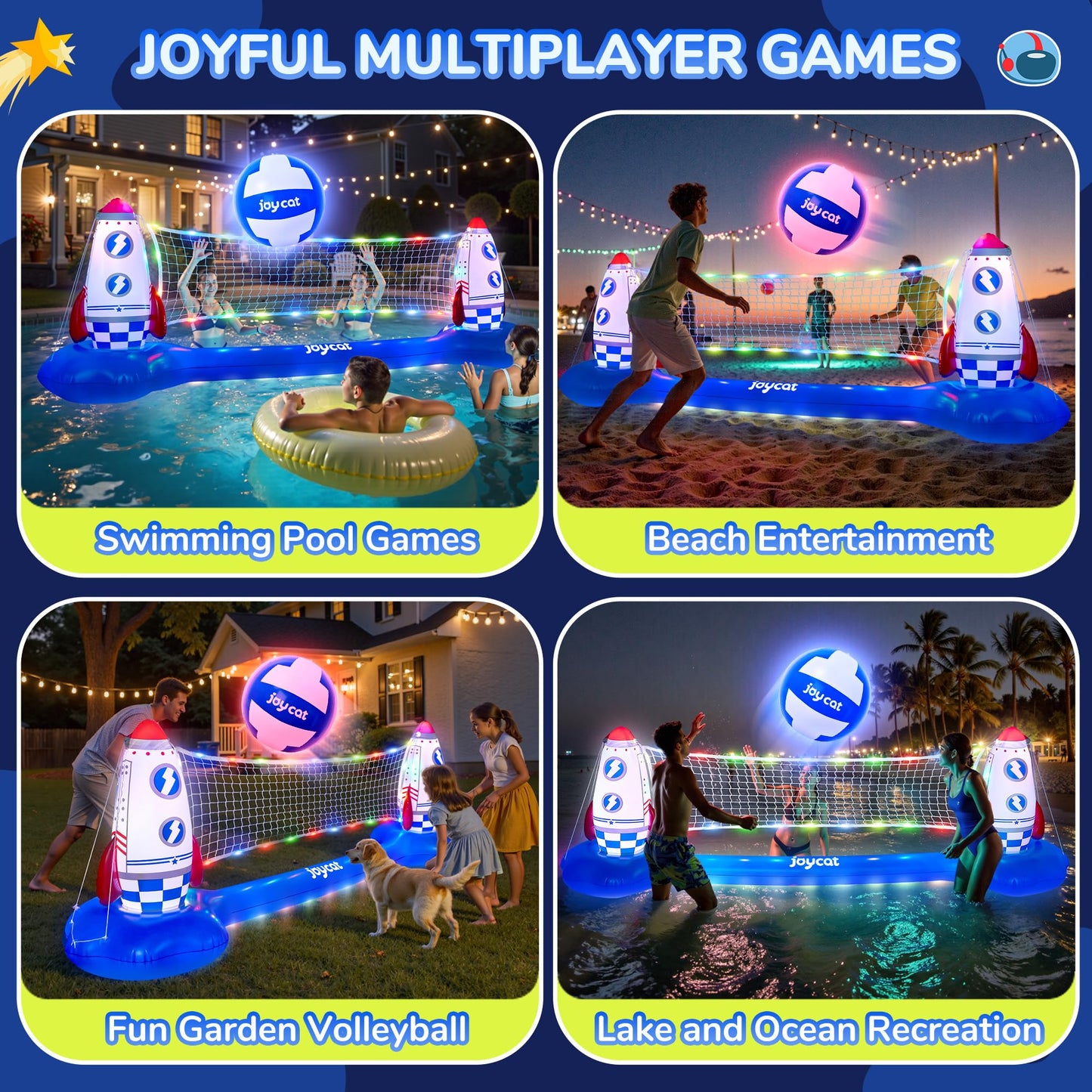 JoyCat LED Inflatable Pool Floats Set,125 Inch Volleyball Net & Basketball Hoop,Floating Swimming Pool Games Beach Toys for Kids