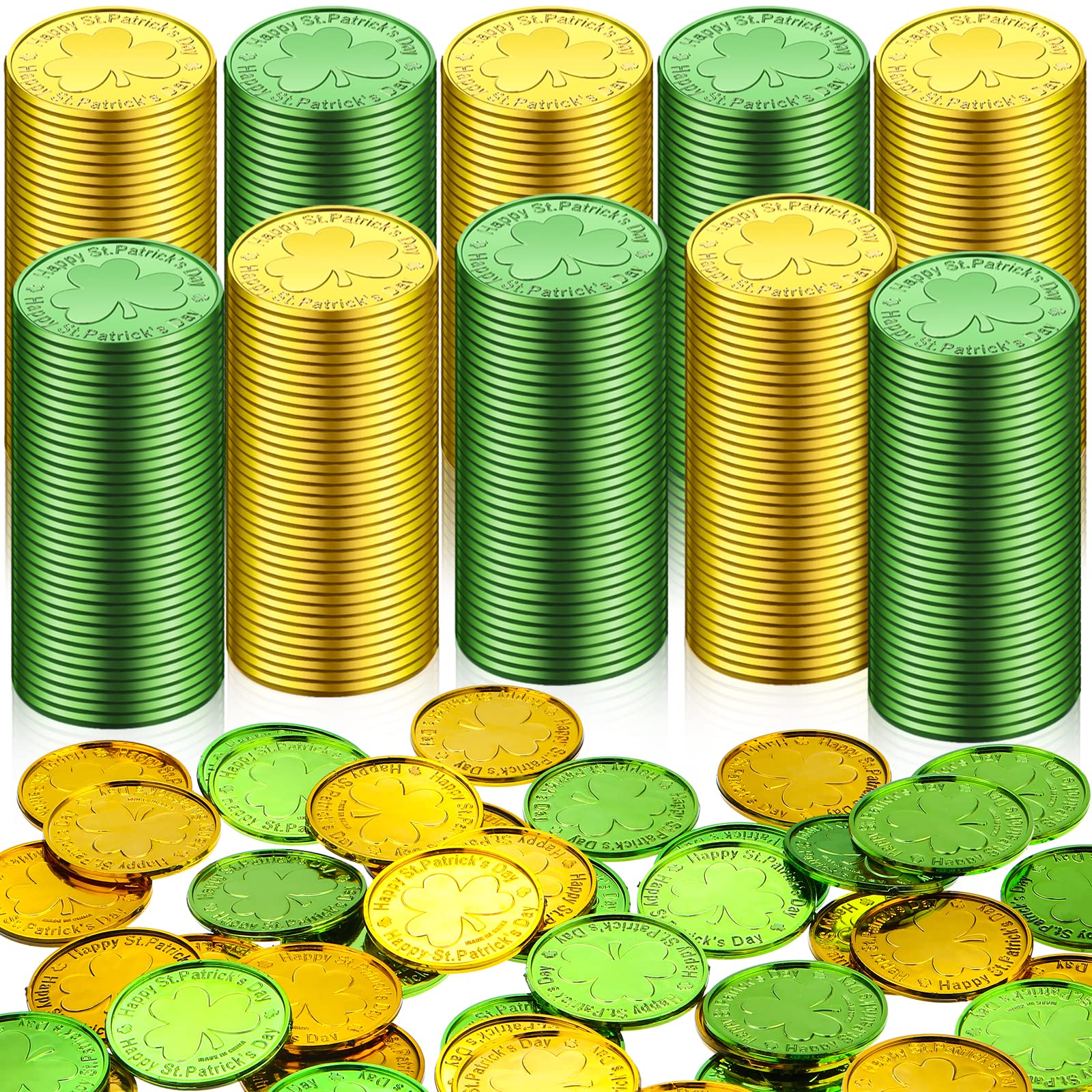 Leitee 800 Pieces St. Patrick'S Day Coins Bulk Plastic Shamrock Coins Good Luck Saint Patrick'S Day Decor With Green And Gold 3