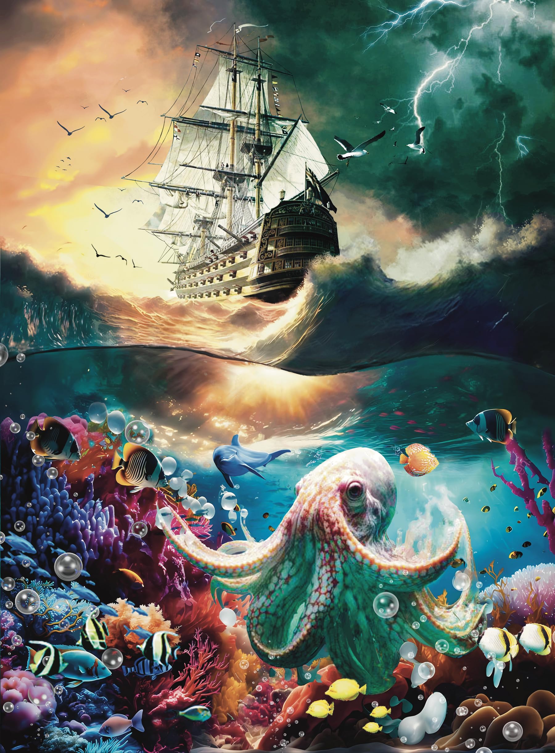 enhanced 1000 Piece Jigsaw Puzzle for mature-themeds -27x20 Unique Marine Artwork Pirate shipoctopus Puzzle - Unique Brain Teaser  Difficult and Challenge Large Puzzle Game Toys Gift