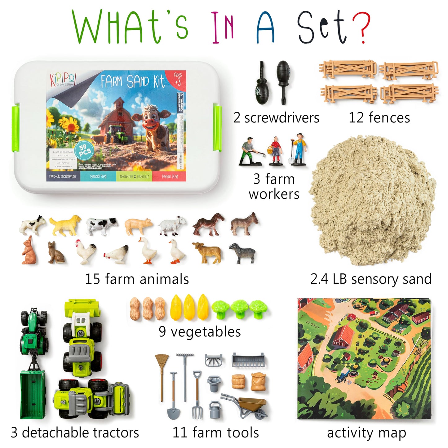 59 PCS Farm Sensory Bin - Sandbox with Lid, 2.2 LB Sensory Sand Kit for Boys, Toddler Farm Toys, 3 Take Apart Construction Truck