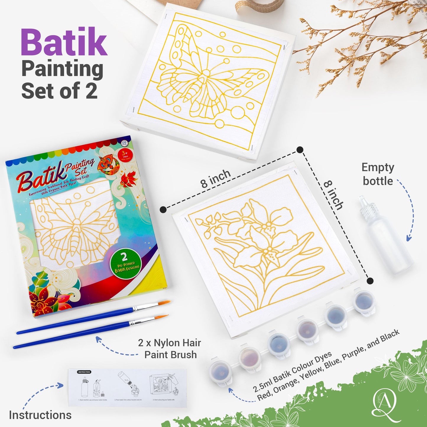 Malaysian Batik Organic Colors Painting 2-in-1 Kit (Butterfly, Orchid Flower) - Art Craft Painting Activity Kit Set for Adults a