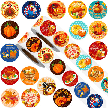 Zonon 1000 Pieces Thanksgiving Party Stickers Round Funny Turkey Label Stickers Pumpkin Maple Leaf Adhesive Decals Autumn Theme Seal Stickers For Thanksgiving Fall Party Decorations