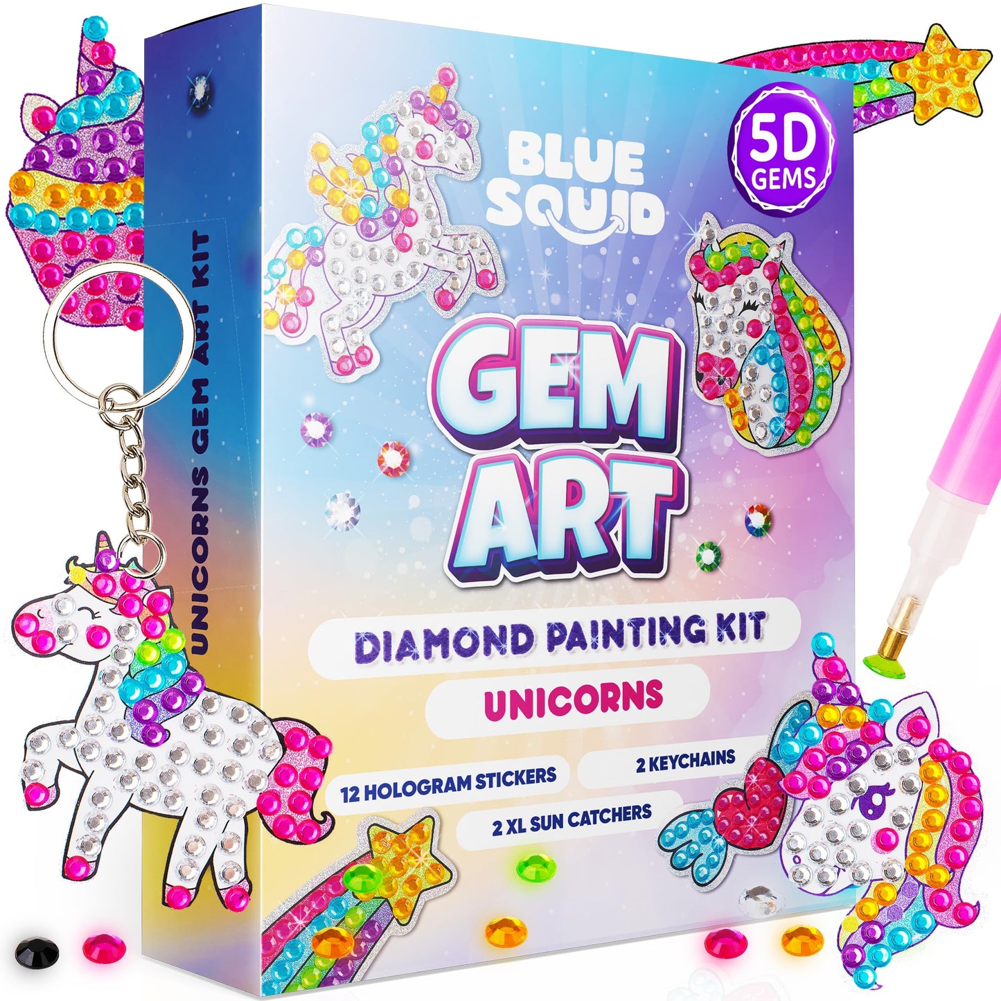 Blue Squid Diamond Art Kits For Kids – Fun & Easy Diy 5D Gem Art Gift Set For Keychains, Stickers, Sun Catchers - Diamond Painting Arts & Crafts Kit For Kids, Girls, Boys Ages 6 7 8 9 10 11 12
