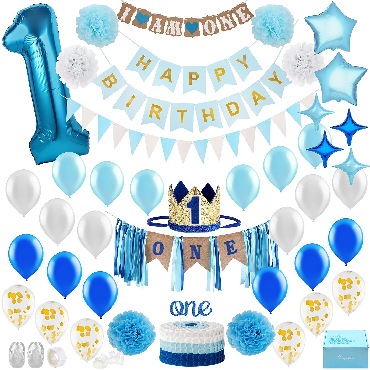 Baby Boy 1st Birthday Decorations With Birthday Crown - First Birthday Boy Decorations - Cake Smash Party Supplies - Happy Birth