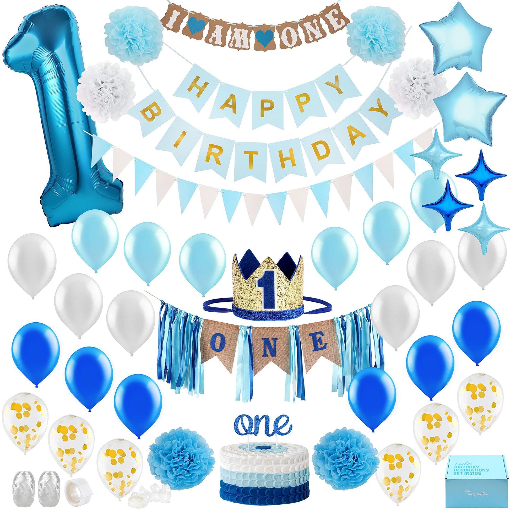 Baby Boy 1st Birthday Decorations With Birthday Crown - First Birthday Boy Decorations - Cake Smash Party Supplies - Happy Birth
