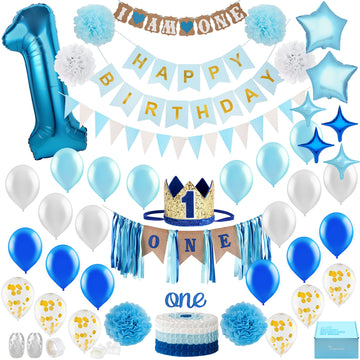 Baby Boy 1st Birthday Decorations With Birthday Crown - First Birthday Boy Decorations - Cake Smash Party Supplies - Happy Birth